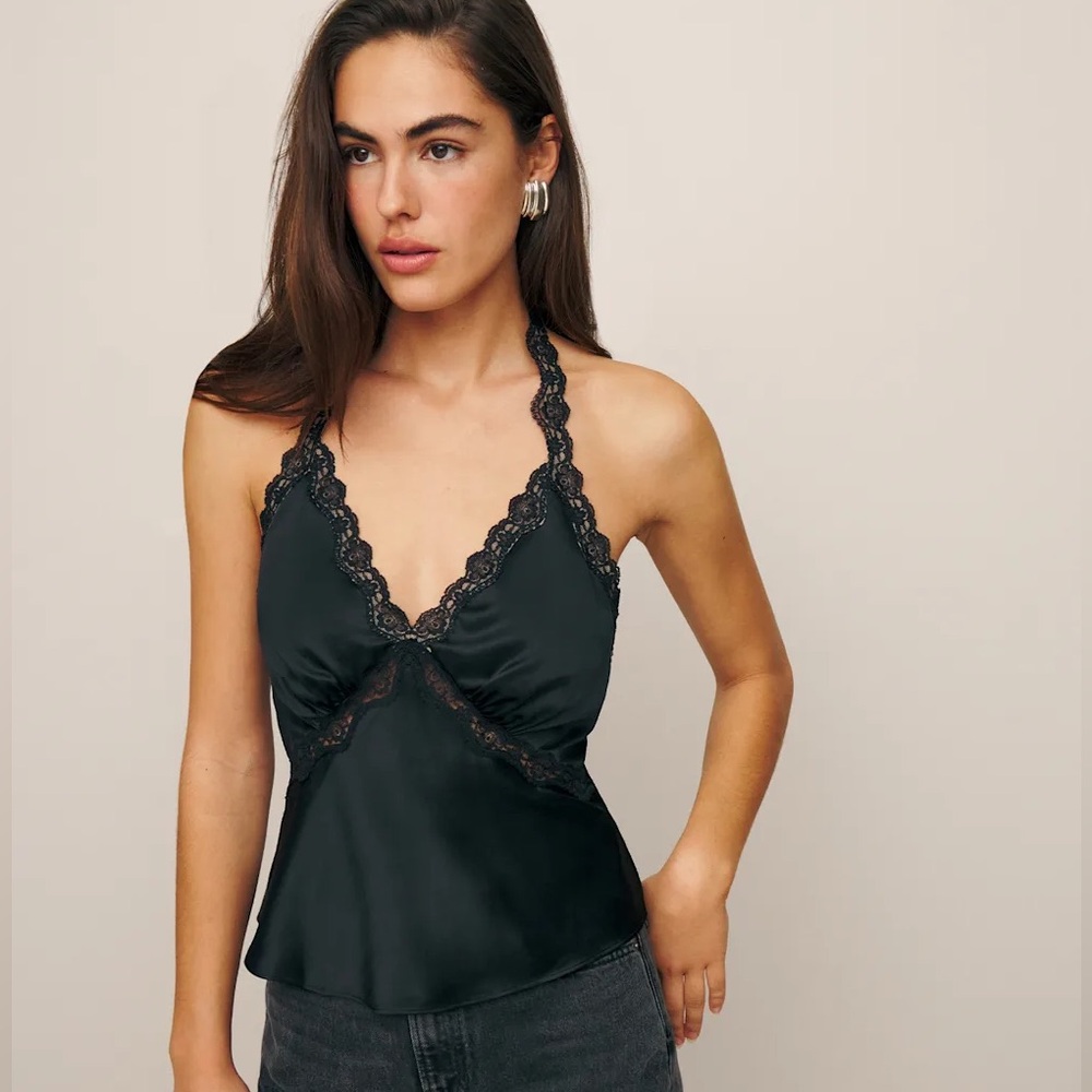 NWOT- Reformation Black Lace Trim Halter Monica Silk Top